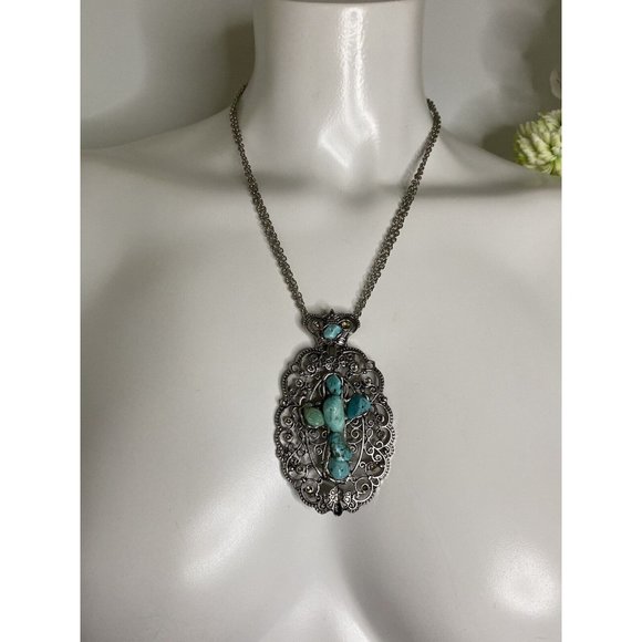 Silvertone Large Oval Cross Shaped Faux Turquoise Stone 16” Necklace Pendant Box - Picture 2 of 16